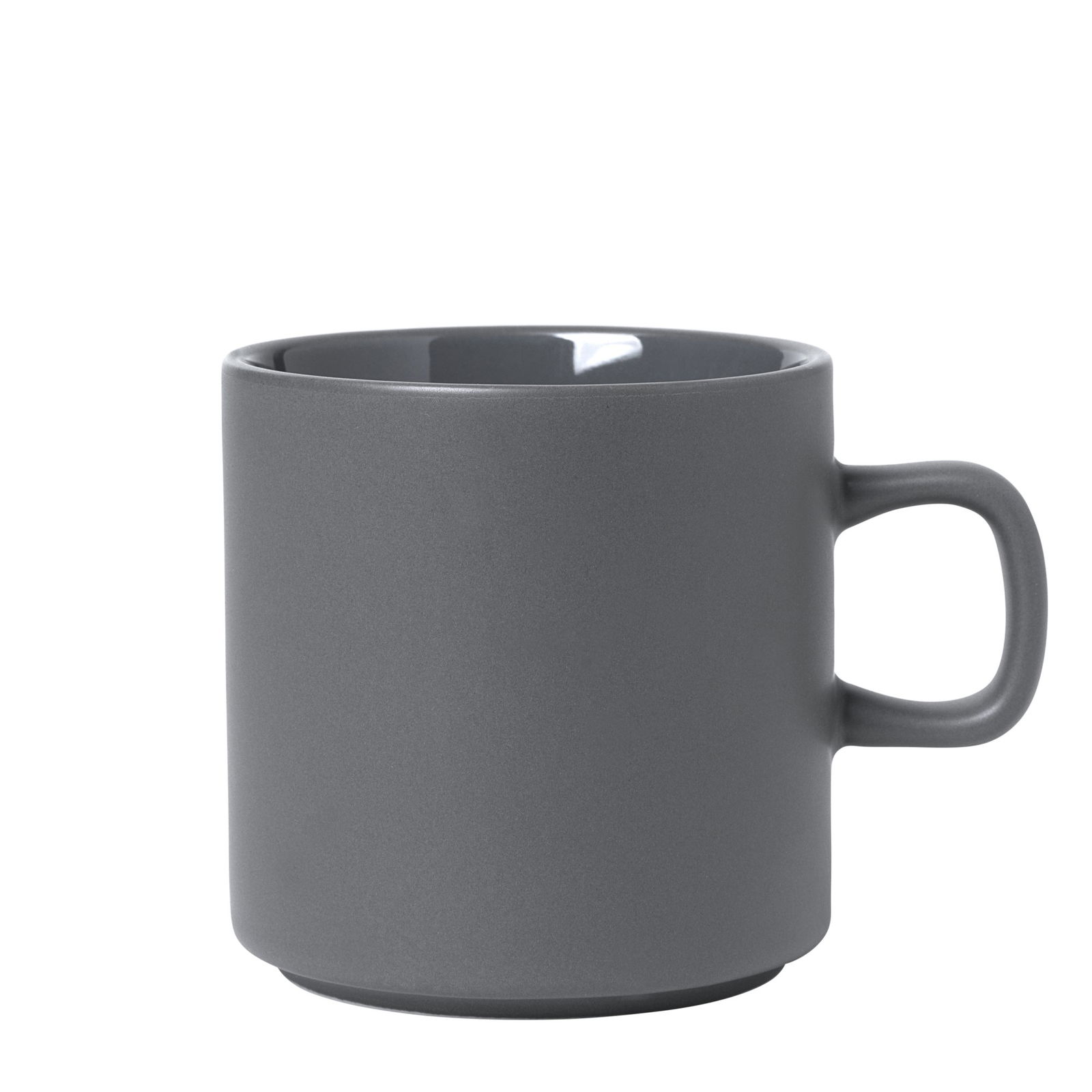 Stylish gray coffee mug with a rounded body and handle on a plain background.