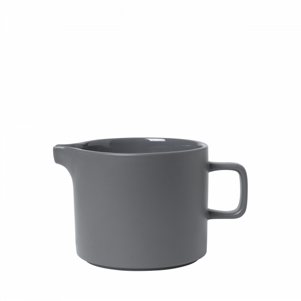 Modern gray ceramic jug with a sleek design and handle for serving beverages.
