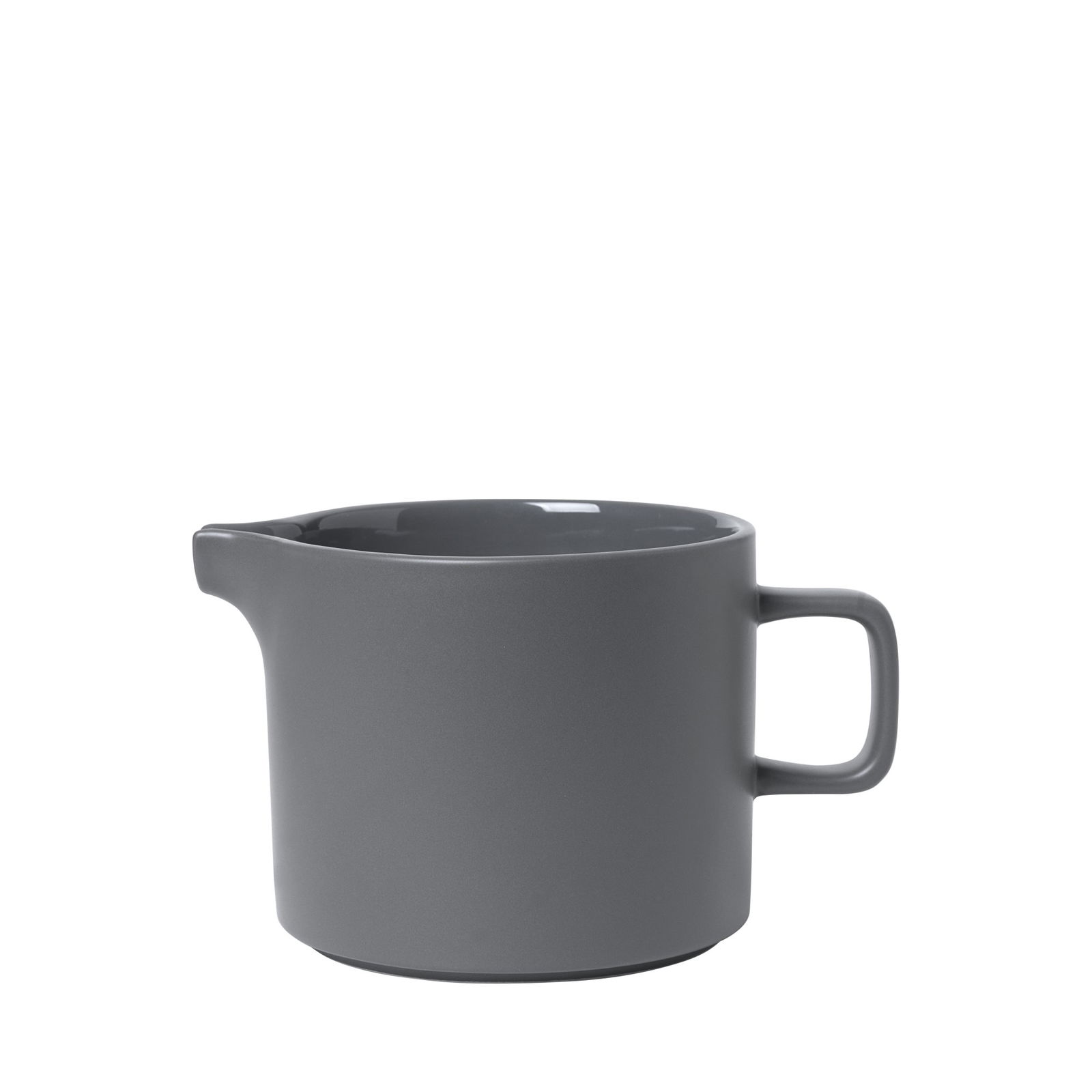 Modern gray ceramic jug with a sleek design and handle for serving beverages.