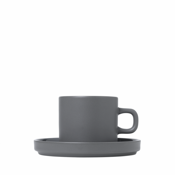 Stylish gray ceramic coffee cup and saucer on a plain background.