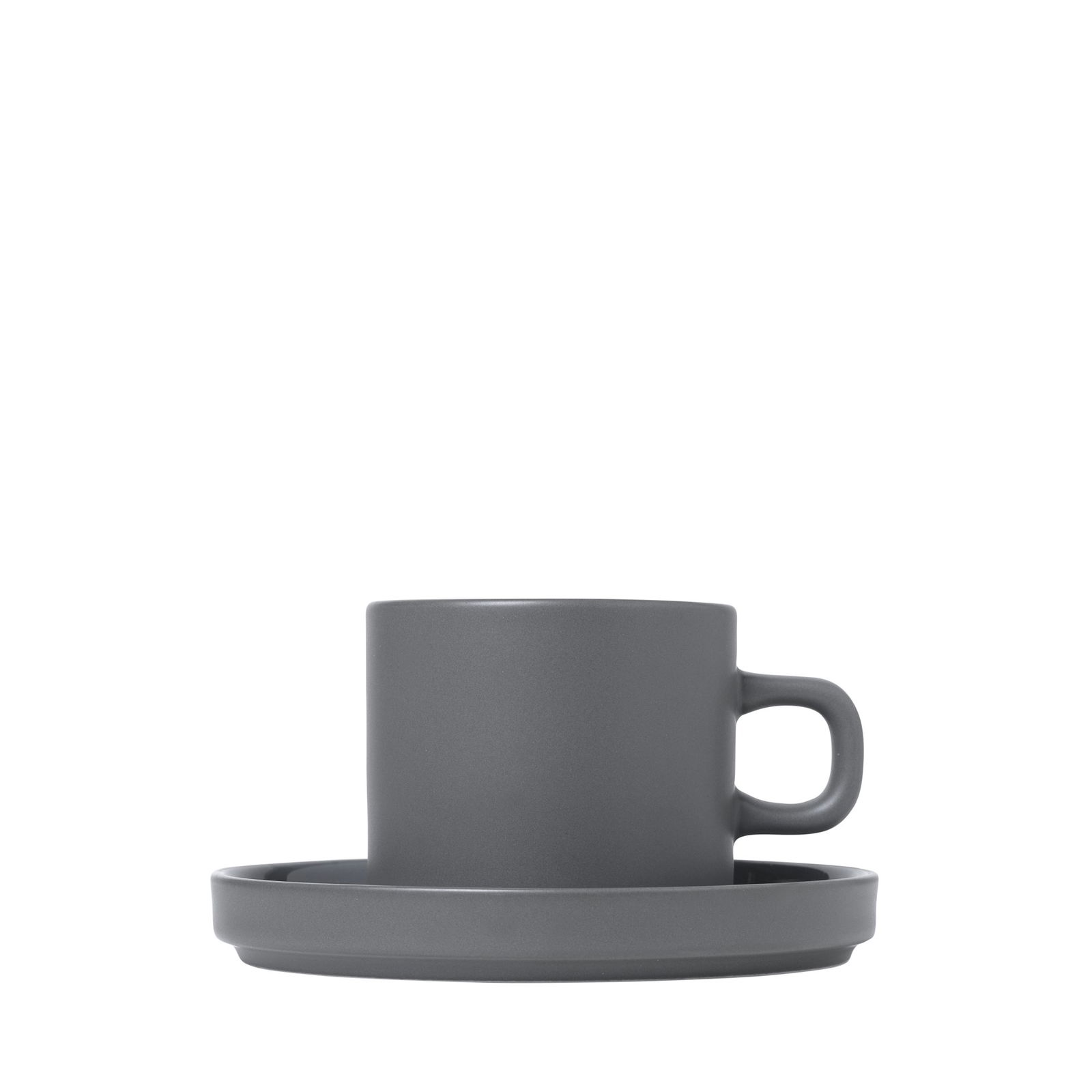 Stylish gray ceramic coffee cup and saucer on a plain background.