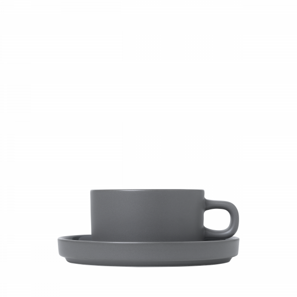 Simple gray coffee cup and saucer on a black background.