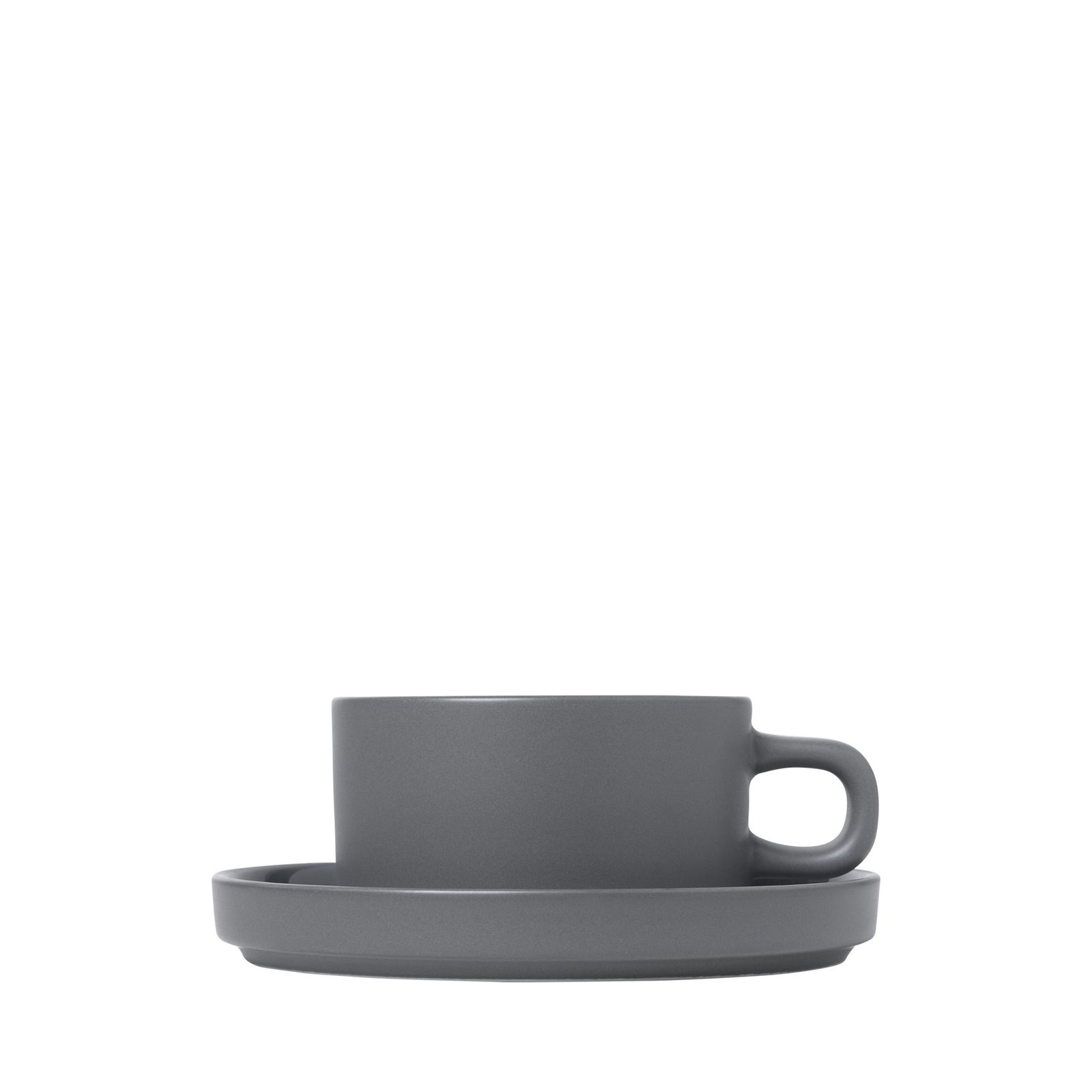 Simple gray coffee cup and saucer on a black background.