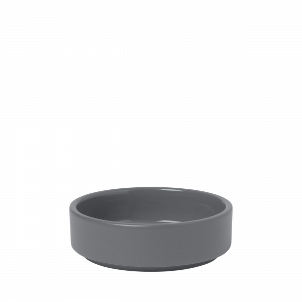 Gray ceramic bowl suitable for serving food or decorative use.