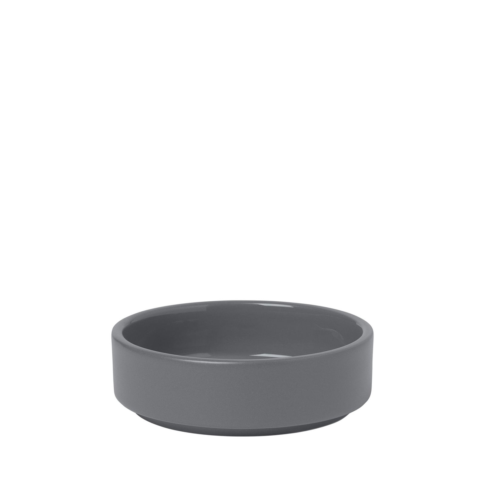 Gray ceramic bowl suitable for serving food or decorative use.