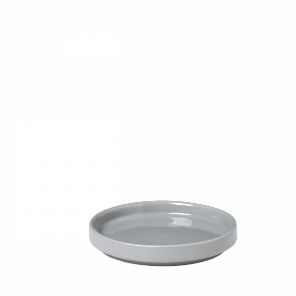 Gray ceramic plate with a smooth, glossy surface and rounded edges.