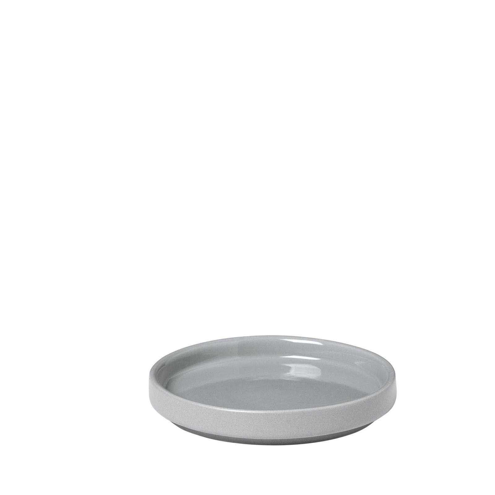 Gray ceramic plate with a smooth, glossy surface and rounded edges.