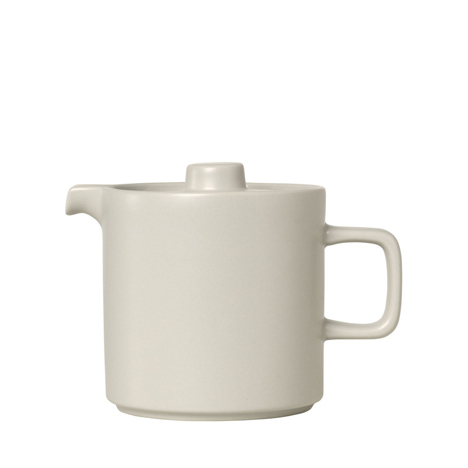 Minimalist weiße Keramikkanne mit einem einfachen Griff und Deckeldesign.