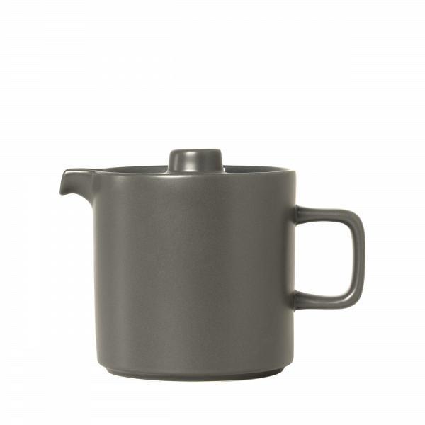 Modern gray ceramic teapot with a minimalist design and a sturdy handle.
