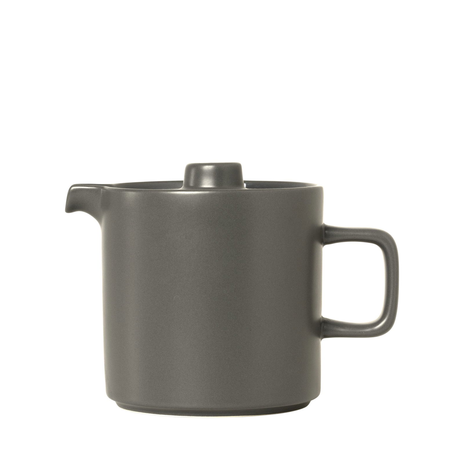 Modern gray ceramic teapot with a minimalist design and a sturdy handle.