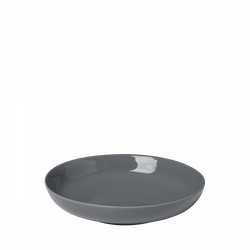 Elegant gray ceramic bowl on a black background, perfect for modern table settings.