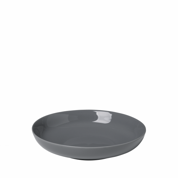 Elegante graue Keramikschale auf schwarzem Hintergrund, perfekt für moderne Tischdekorationen.