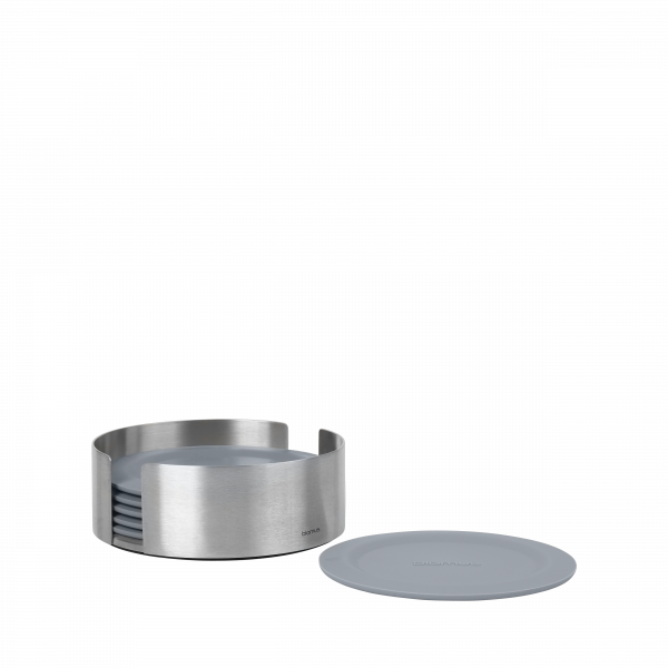 Modern stainless steel coaster holder with grey coasters, perfect for stylish beverage serving.