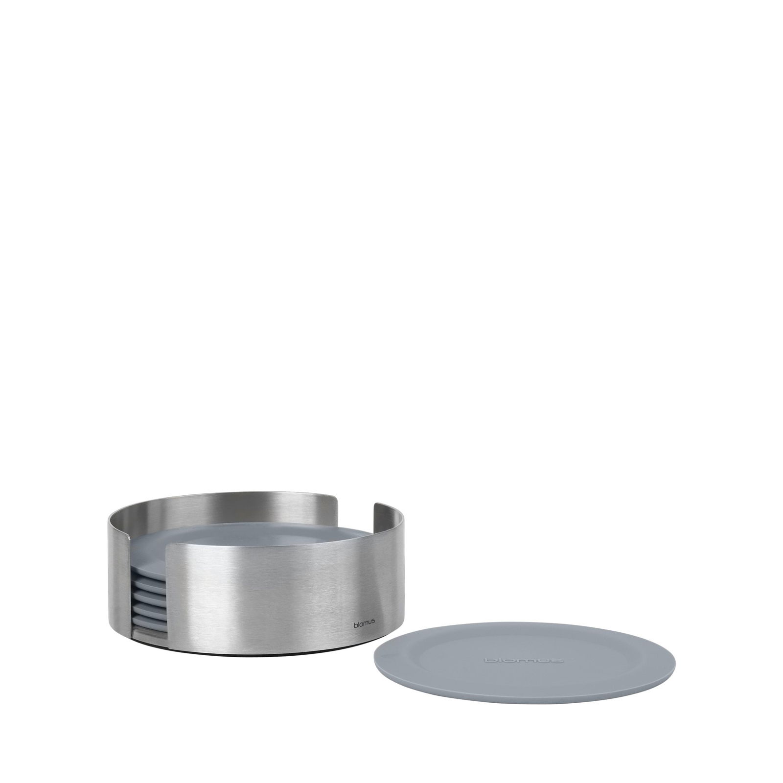 Modern stainless steel coaster holder with grey coasters, perfect for stylish beverage serving.