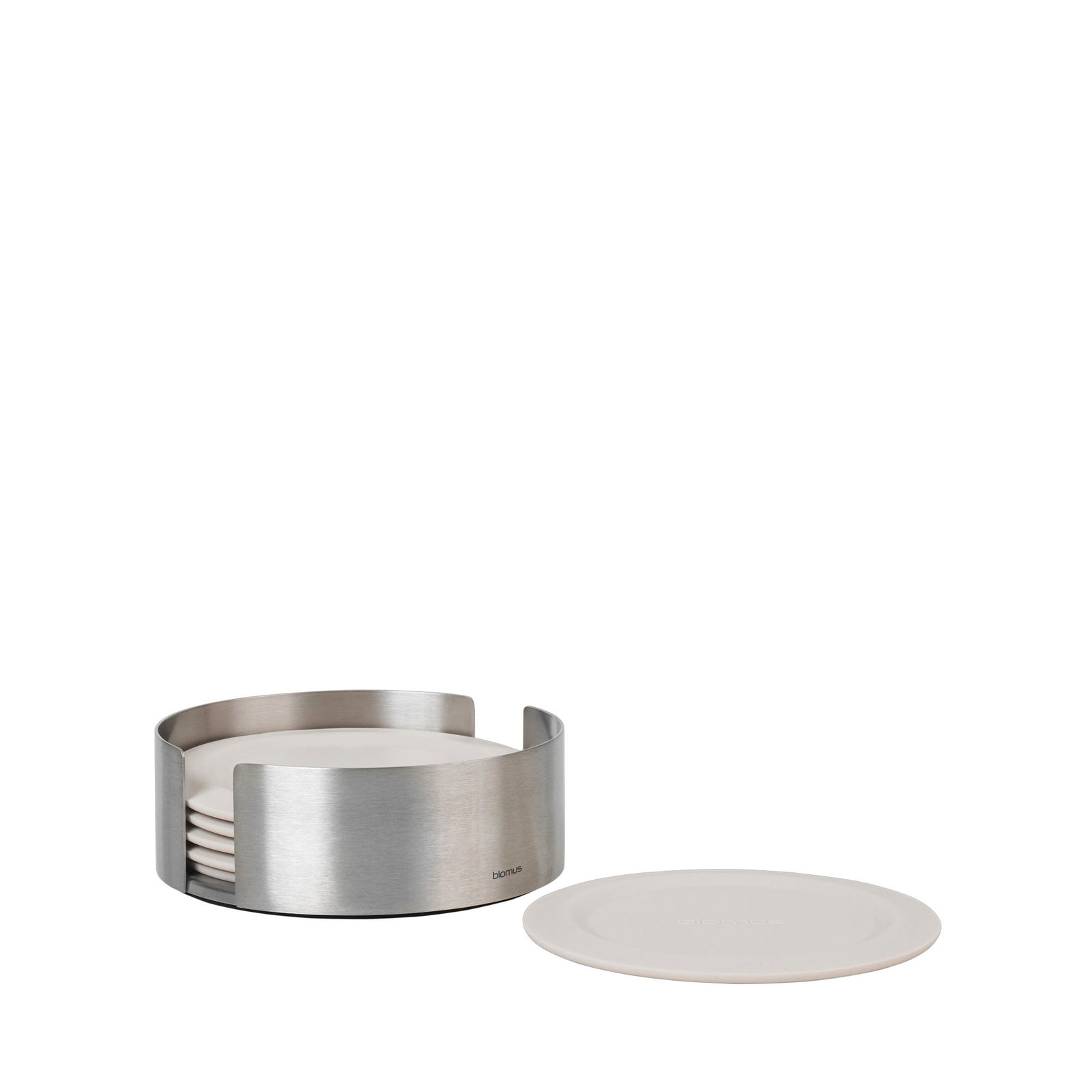Stylish stainless steel coaster set with matching white plates on a black background.