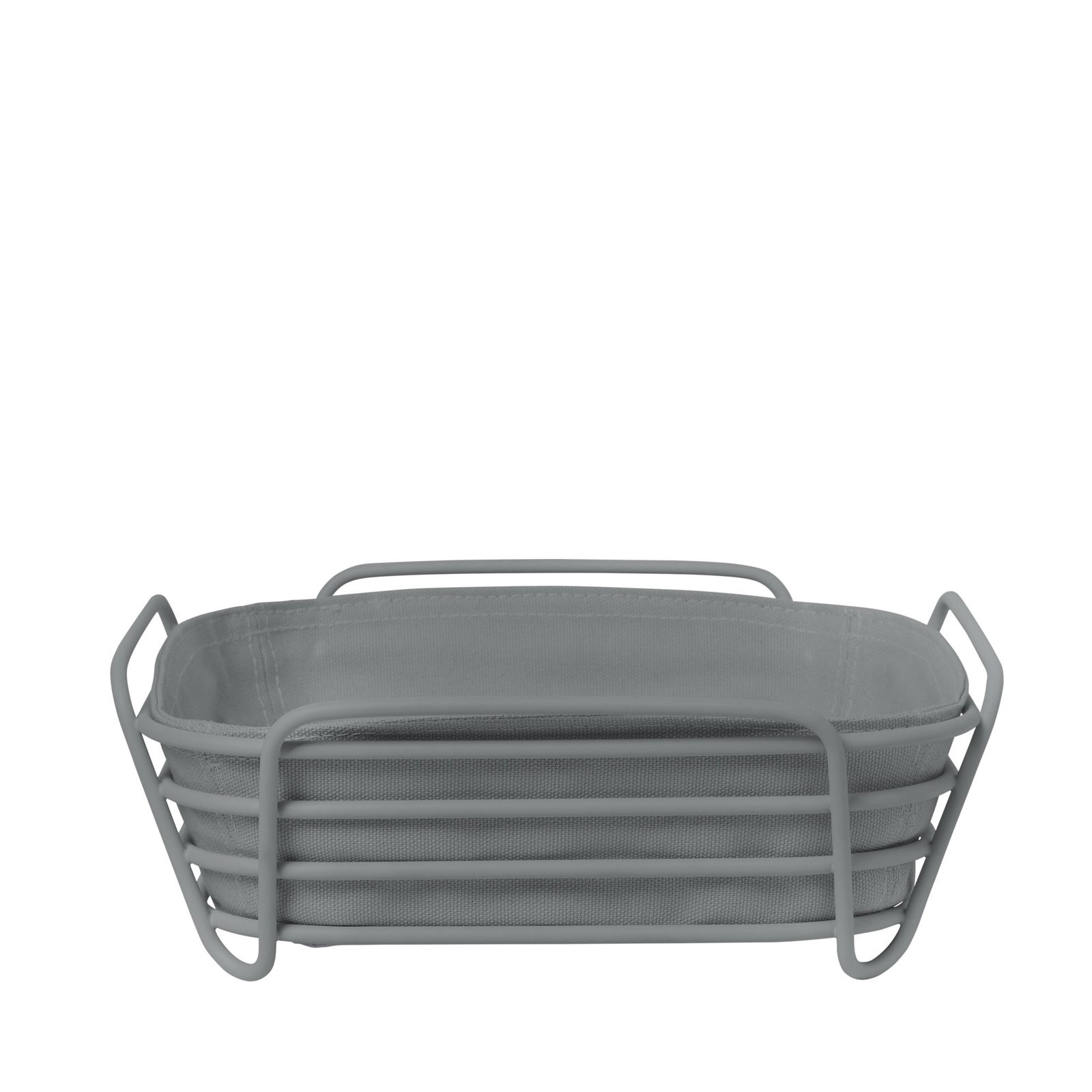 Stylish gray storage basket with ergonomic handles for modern home organization.