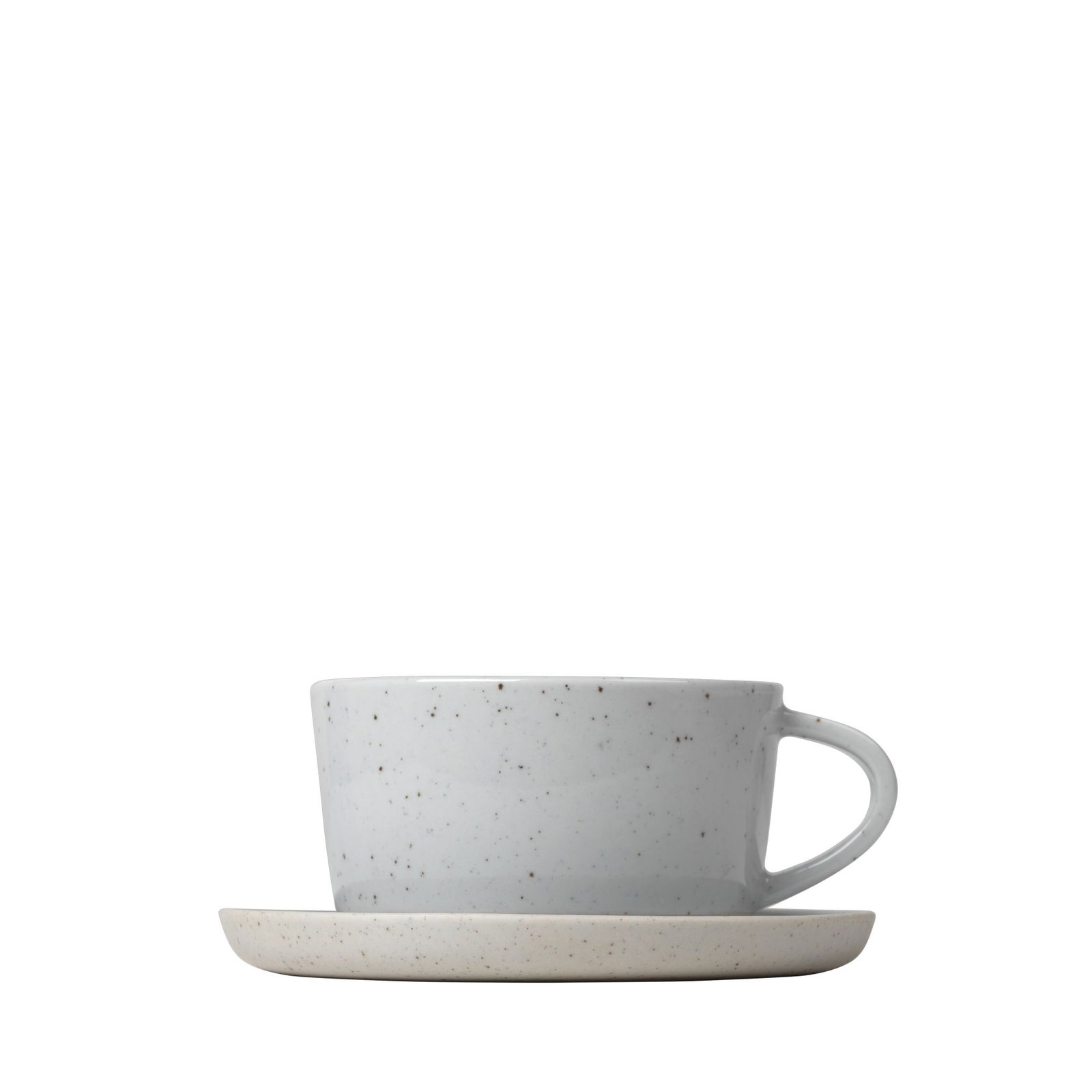 Minimalist gray coffee cup with saucer on a black background.