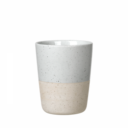 Ceramic cup featuring a gray and beige design with a speckled finish.