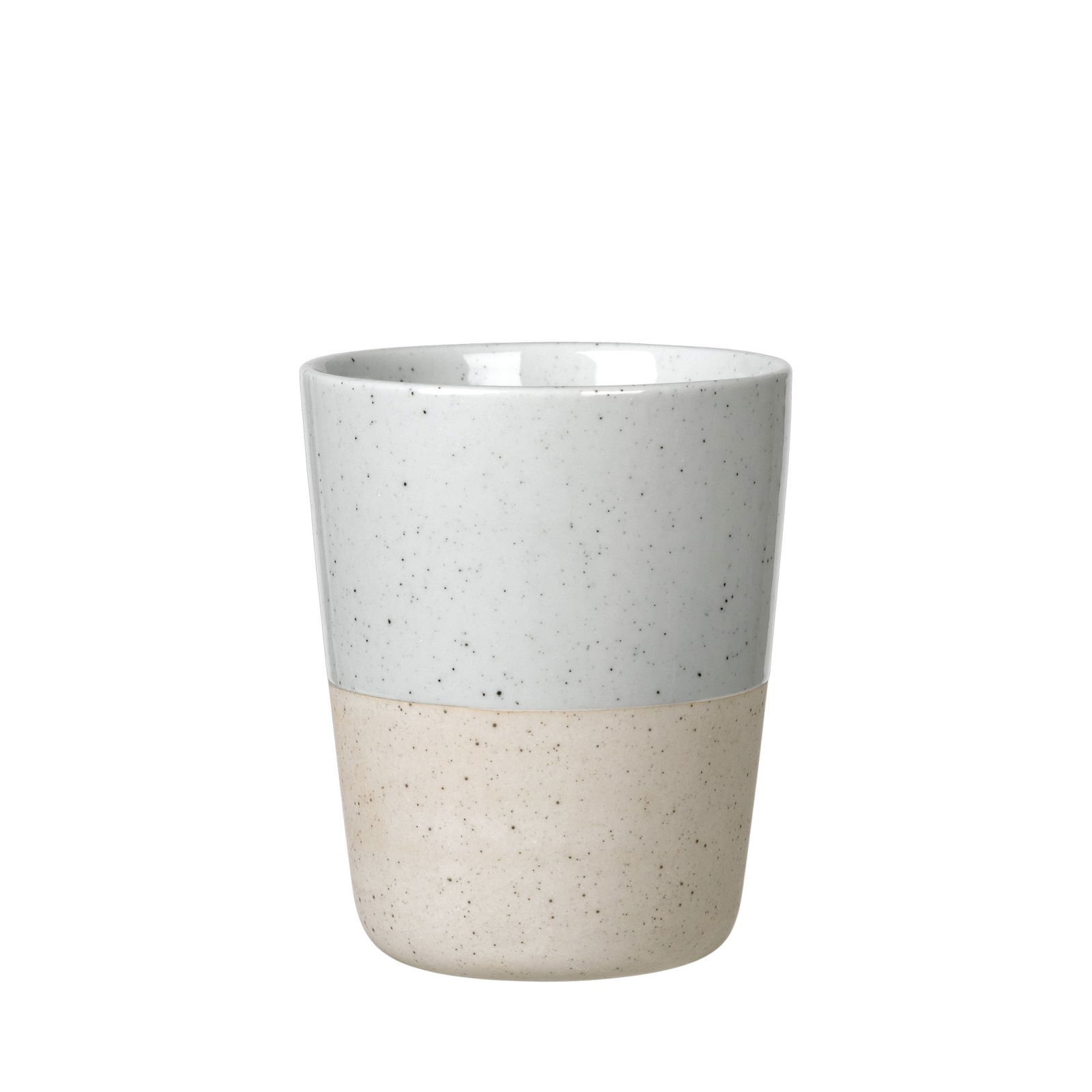 Keramiktasse mit einem grauen und beigen Design und einer gesprenkelten Oberfläche.