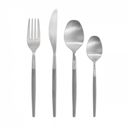 Set of sleek stainless steel cutlery including fork, knife, and spoons on a black background.