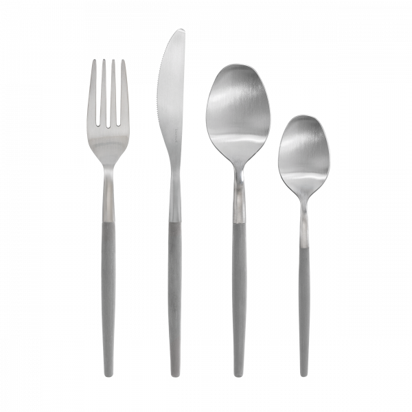 Set of sleek stainless steel cutlery including fork, knife, and spoons on a black background.