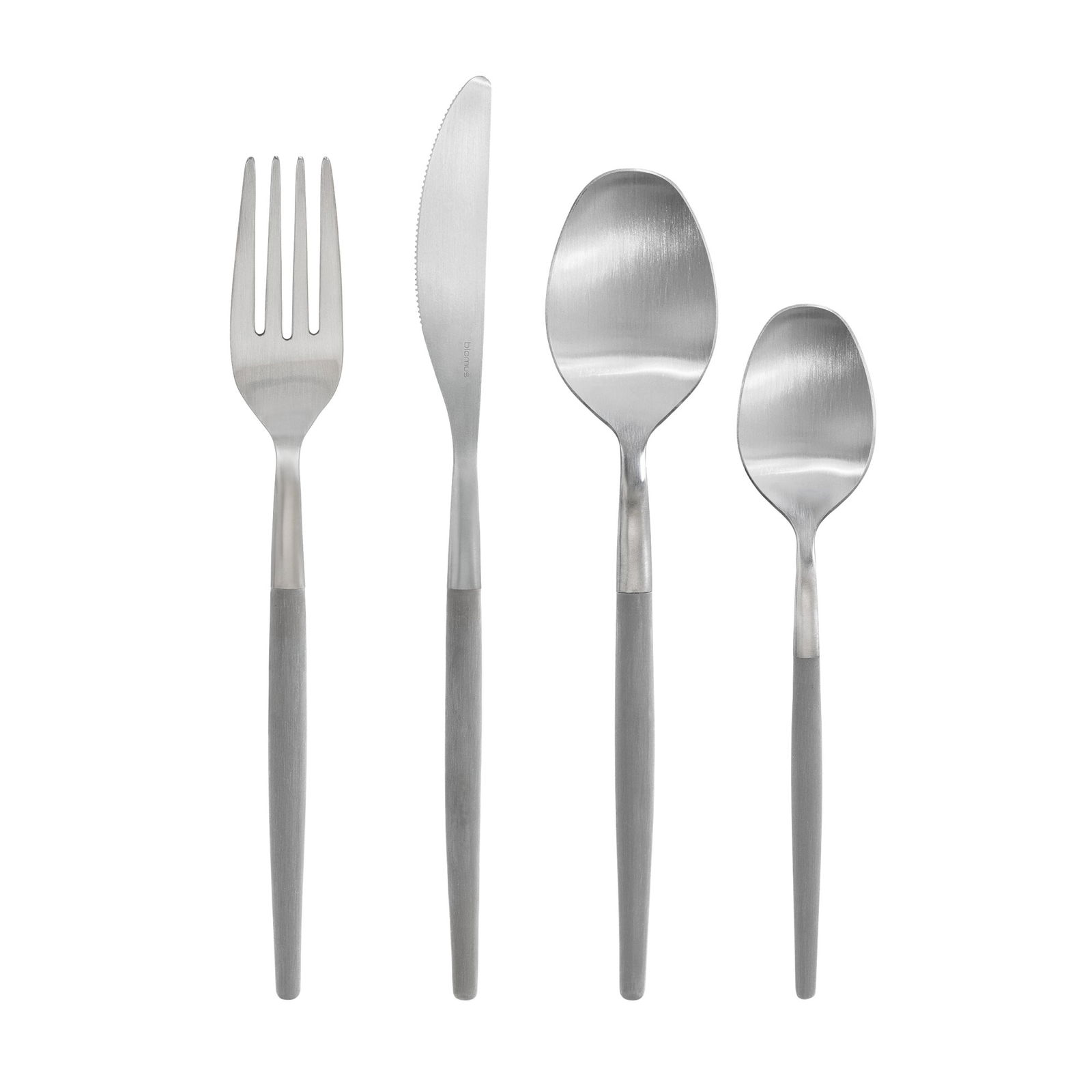 Set of sleek stainless steel cutlery including fork, knife, and spoons on a black background.