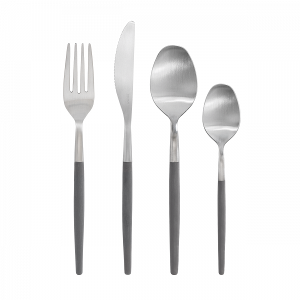 Set of stainless steel cutlery with grey handles: fork, knife, soup spoon, and dessert spoon.