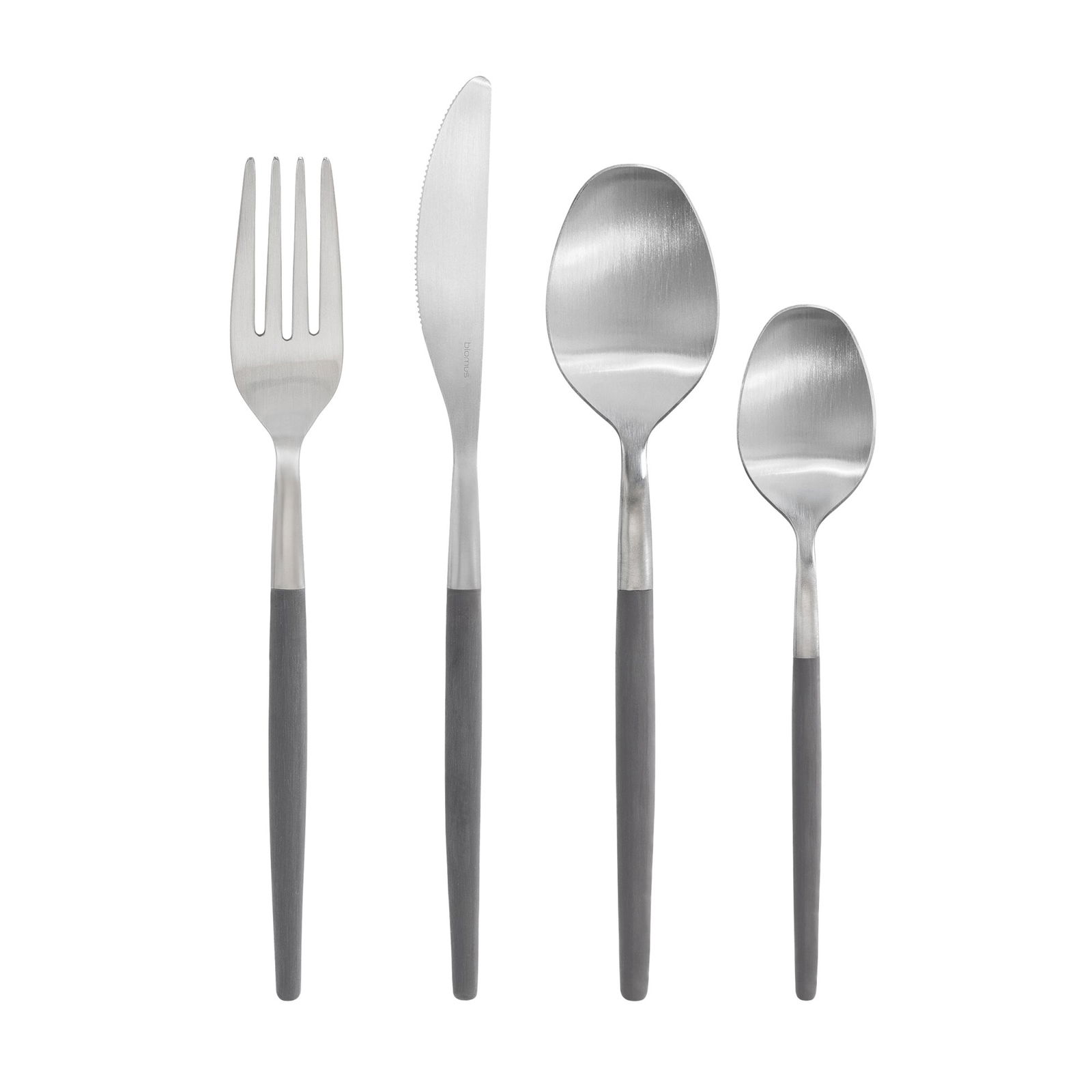 Set of stainless steel cutlery with grey handles: fork, knife, soup spoon, and dessert spoon.