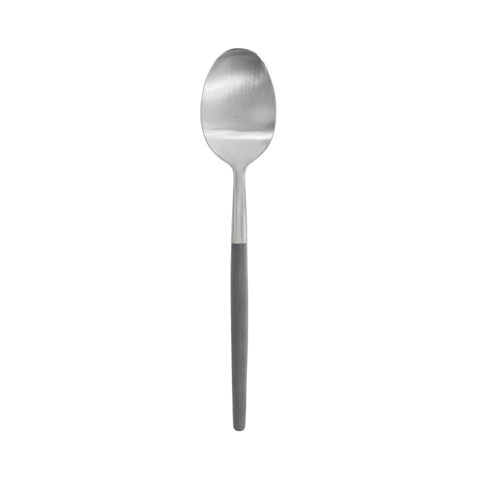 Silver stainless steel spoon on a black background, showcasing a sleek design.