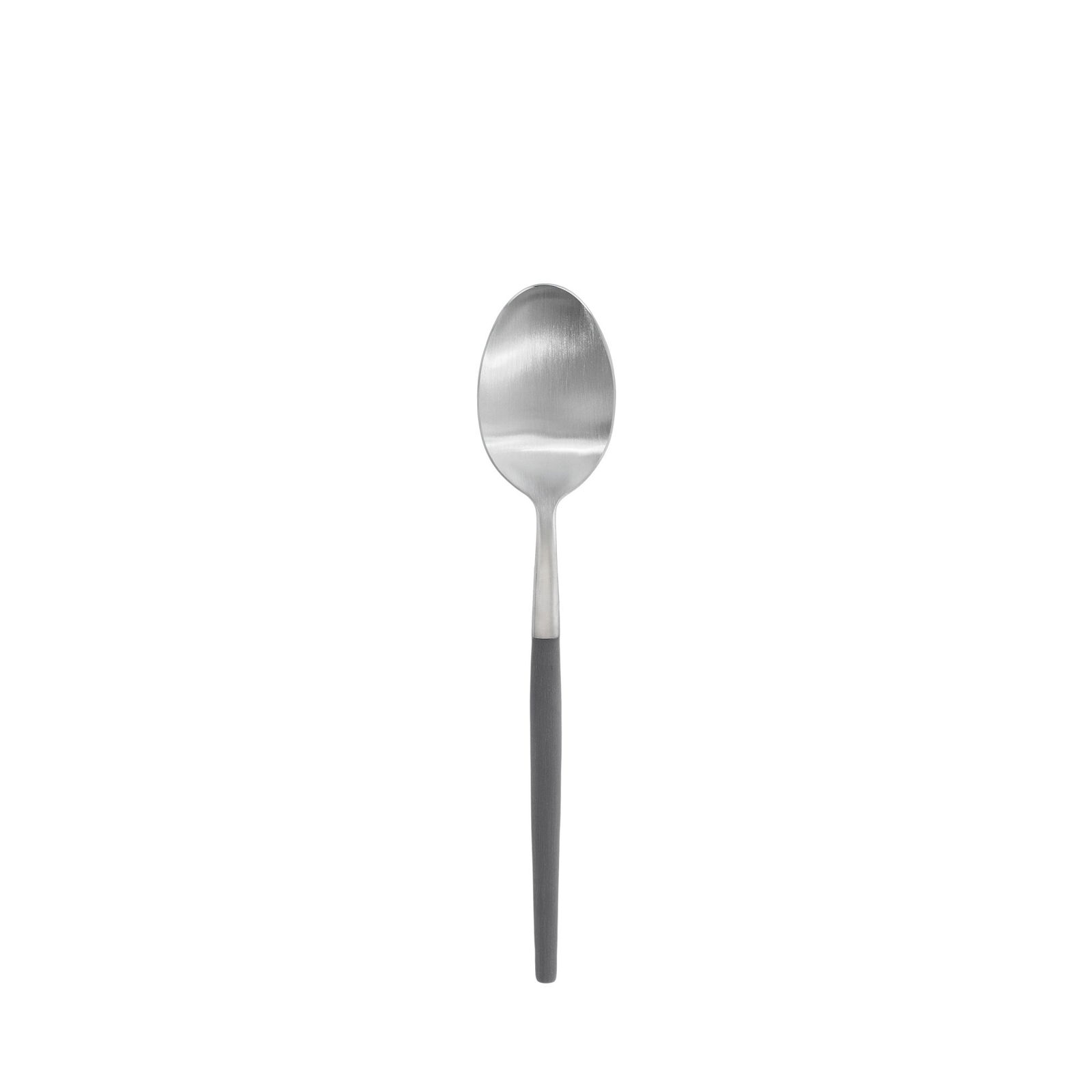 Eleganter metallischer Löffel mit minimalistischer Gestaltung und einem schwarzen Griff vor einem schwarzen Hintergrund.