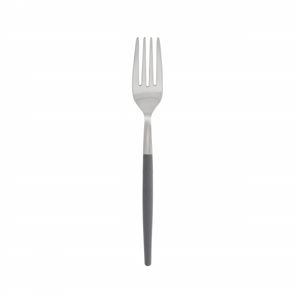 Stylish stainless steel fork with a sleek gray handle on a black background.