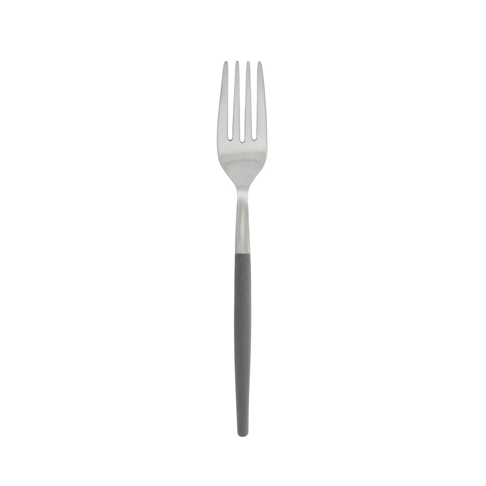 Stylish stainless steel fork with a sleek gray handle on a black background.