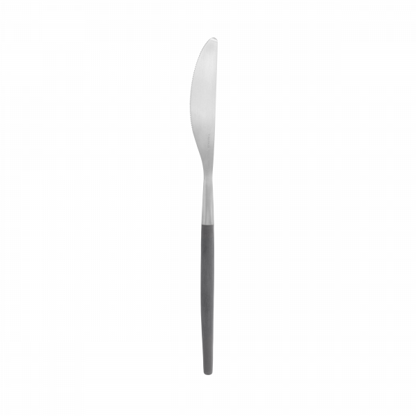 Stainless steel knife with a sleek design and a black handle for modern dining.