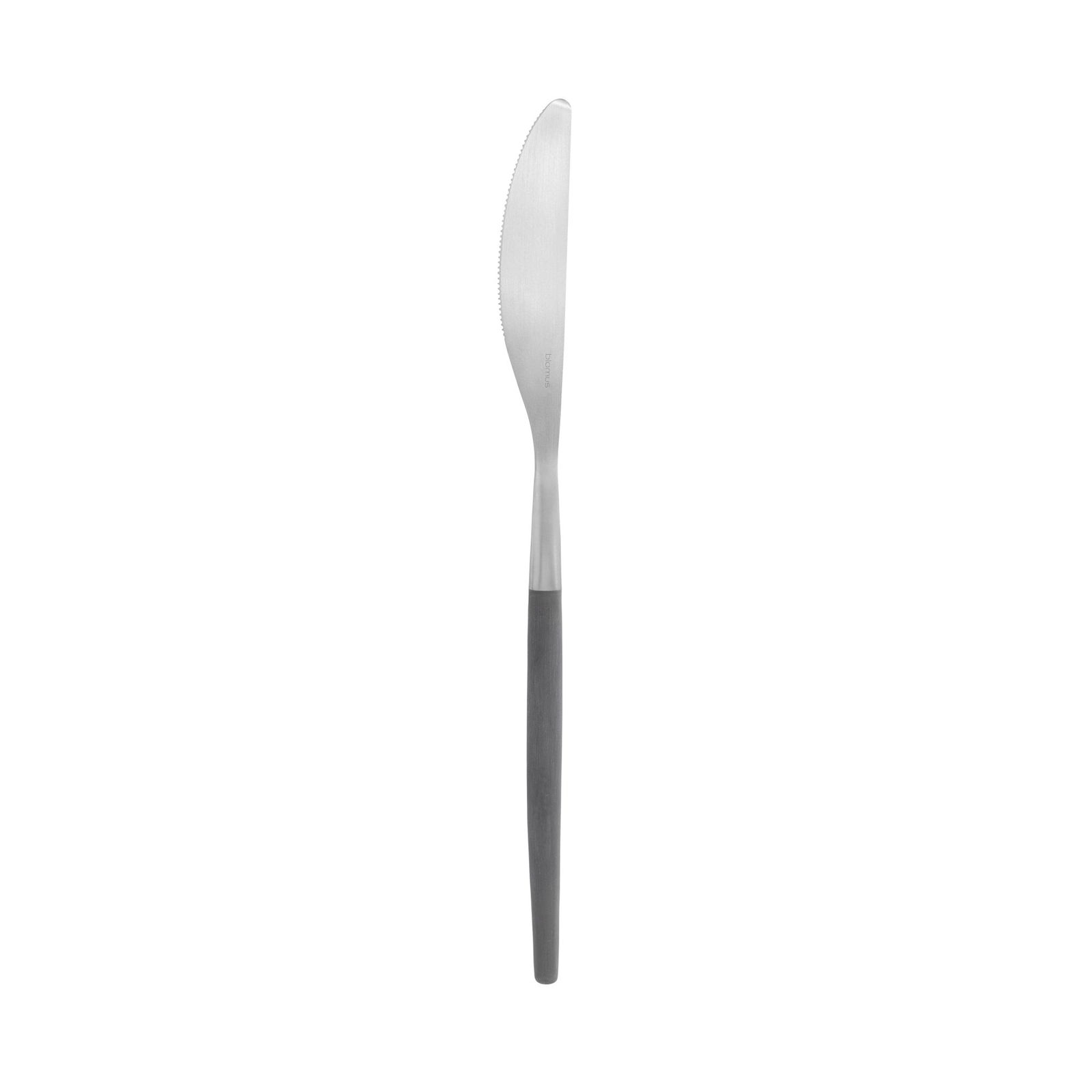 Stainless steel knife with a sleek design and a black handle for modern dining.