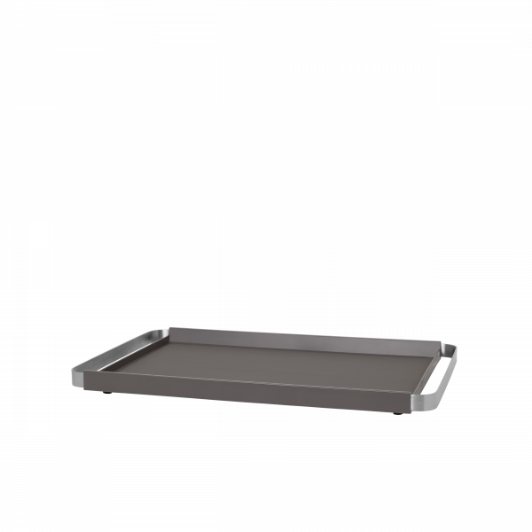 Elegante graue flache Kochplatte mit erhöhten Kanten und stabilen Griffen.