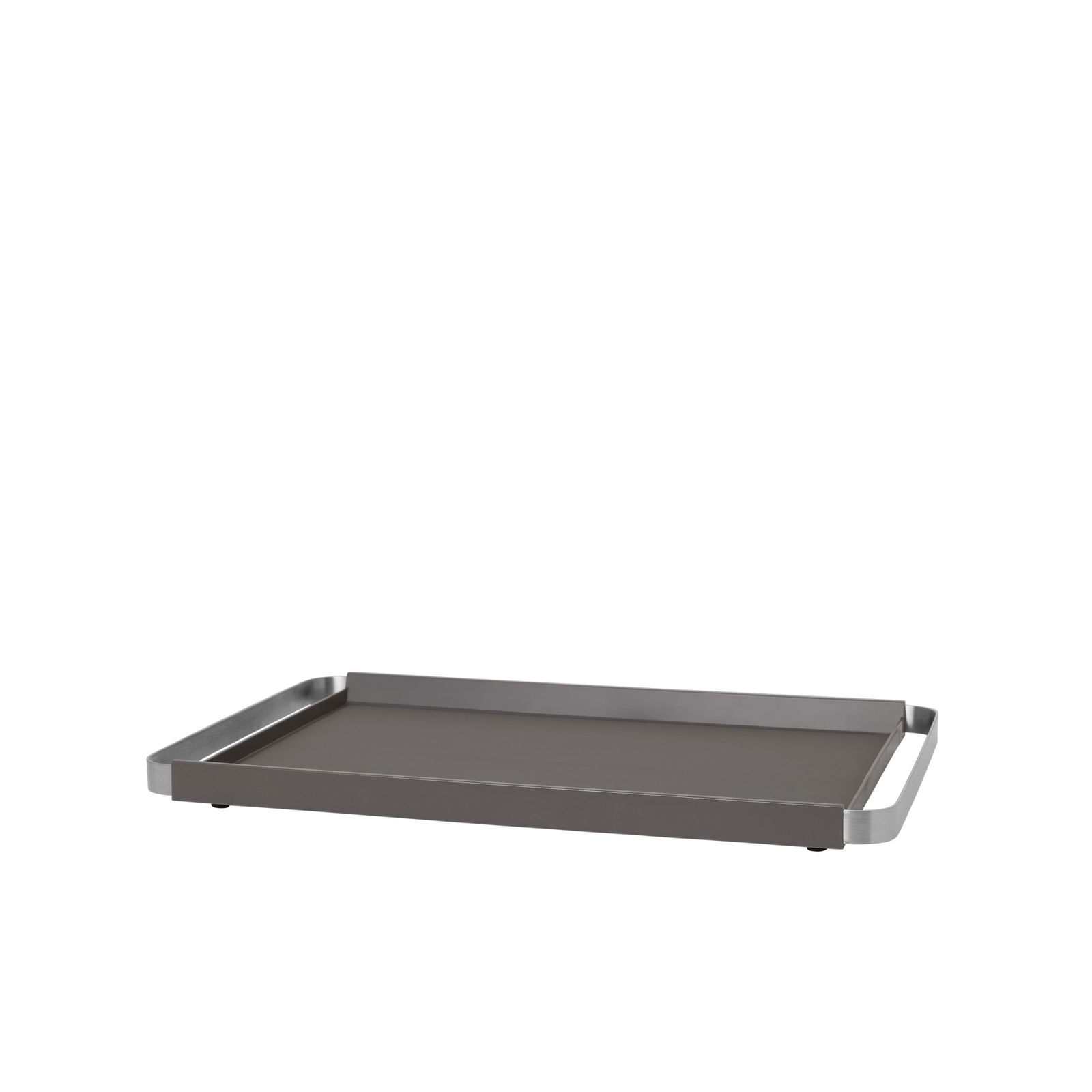 Elegante graue flache Kochplatte mit erhöhten Kanten und stabilen Griffen.