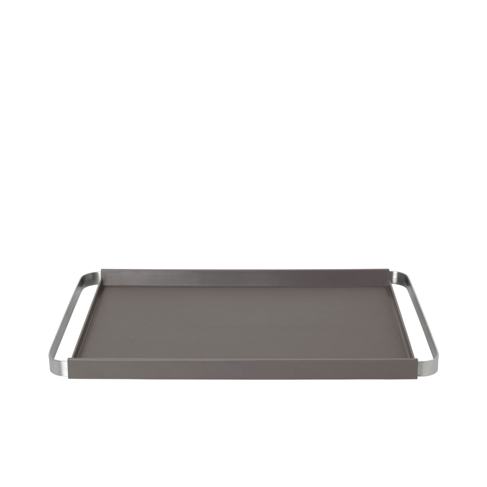 Elegantes graues Serviertablett mit Griffen auf schwarzem Hintergrund für stilvolles Essen.