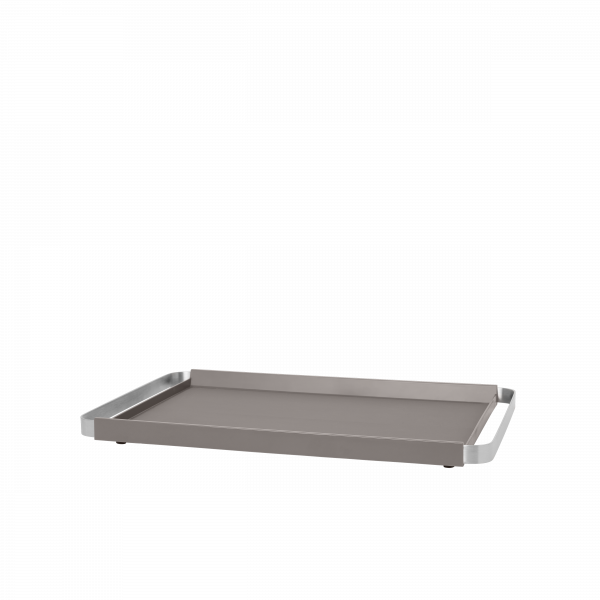 Stylish gray kitchen griddle with handles for versatile cooking and serving.