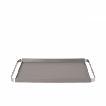 Sleek metal serving tray with handles, perfect for entertaining or home decor.