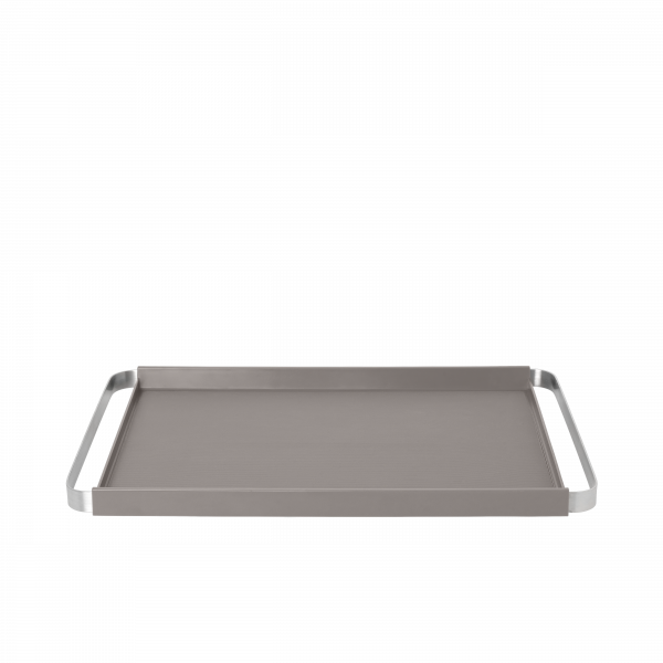 Sleek metal serving tray with handles, perfect for entertaining or home decor.