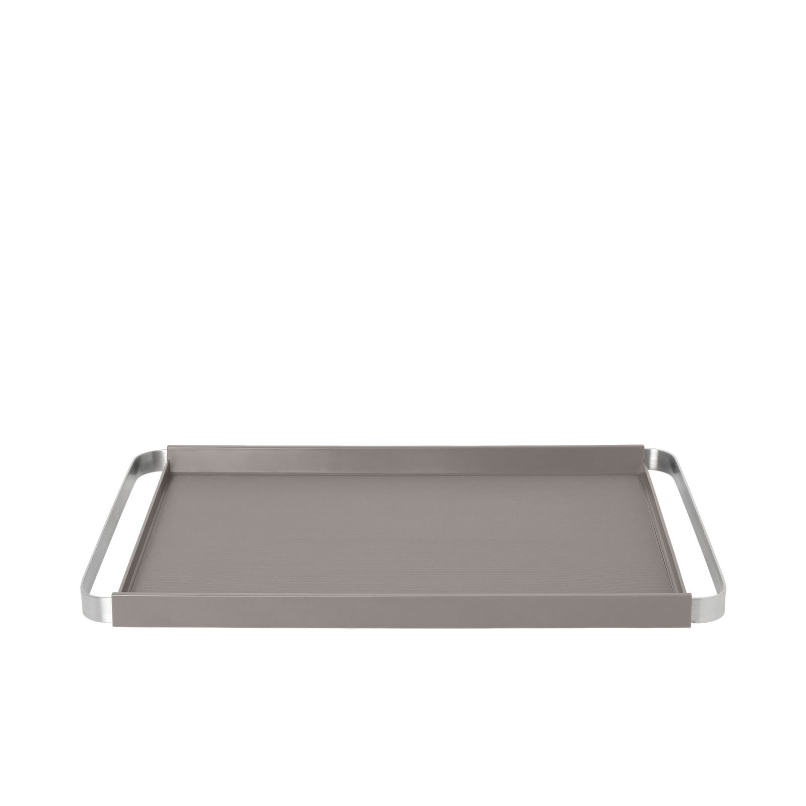 Sleek metal serving tray with handles, perfect for entertaining or home decor.