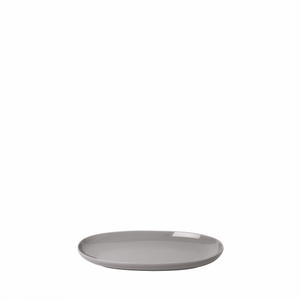 Elegant gray ceramic plate on a black background, perfect for stylish table settings.