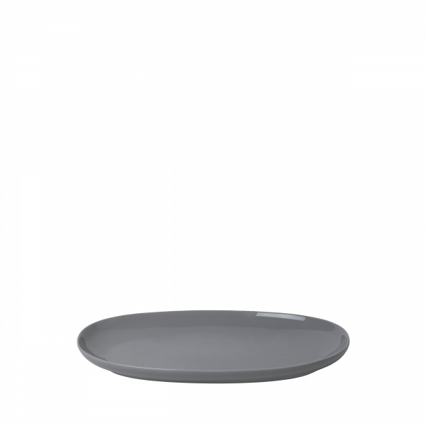 Elegant gray oval serving plate on a black background.