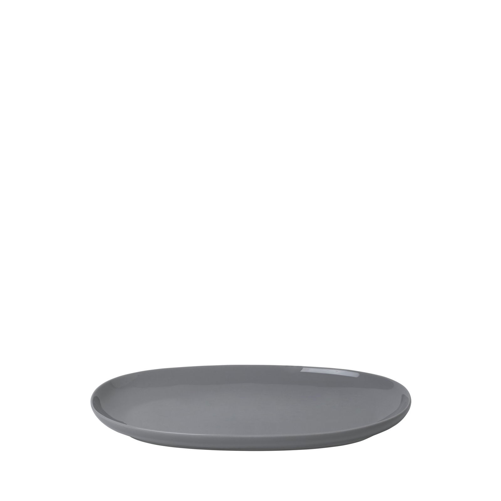 Elegant gray oval serving plate on a black background.
