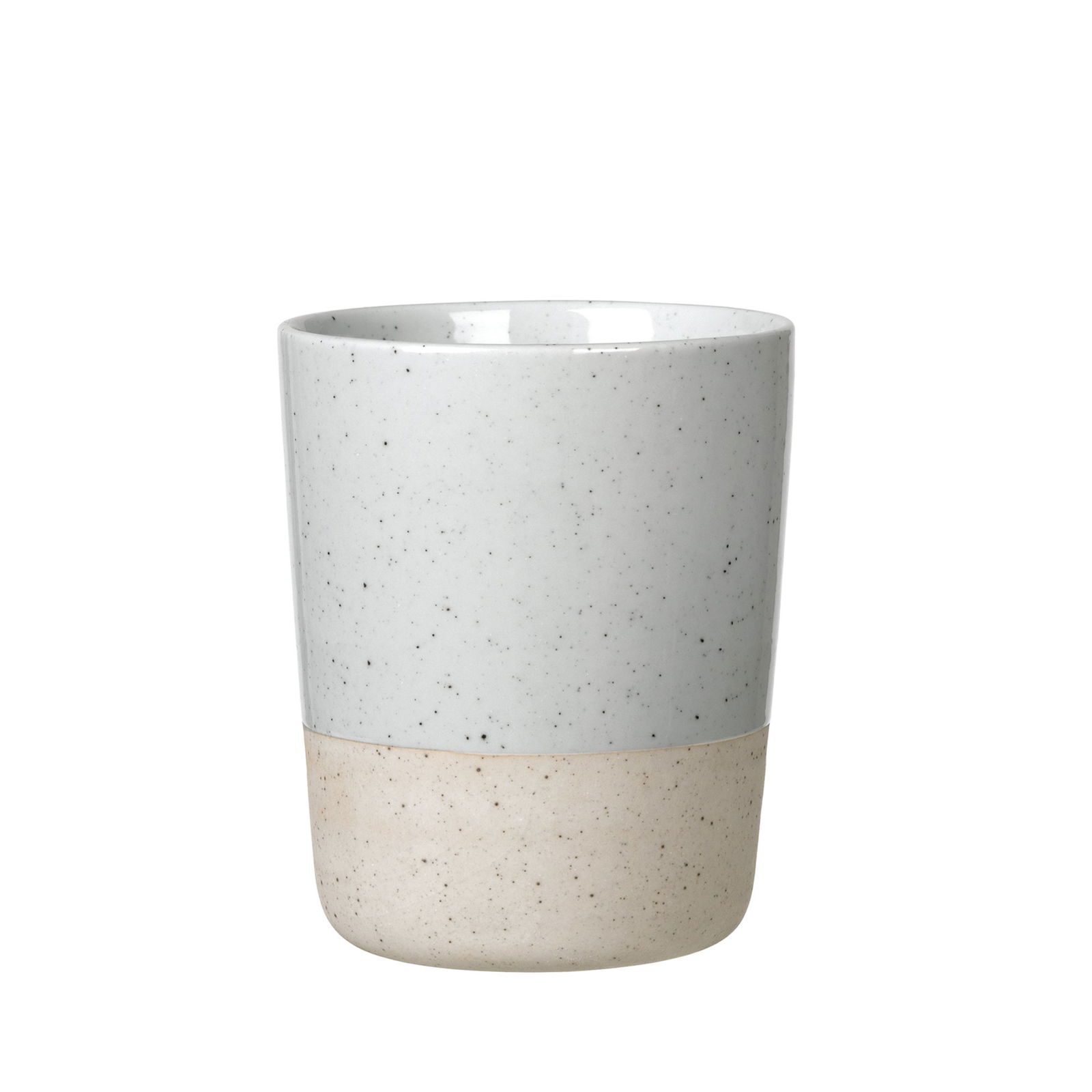 Ceramic cup with a speckled gray top and a beige bottom, perfect for modern home decor.