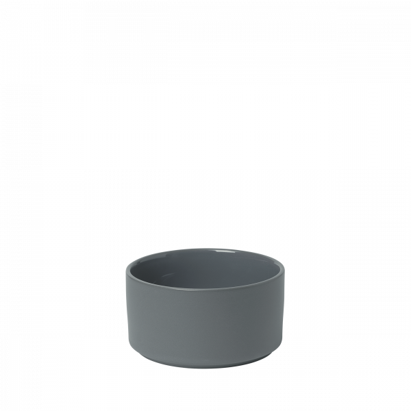 Gray ceramic bowl with a smooth matte finish on a white background.