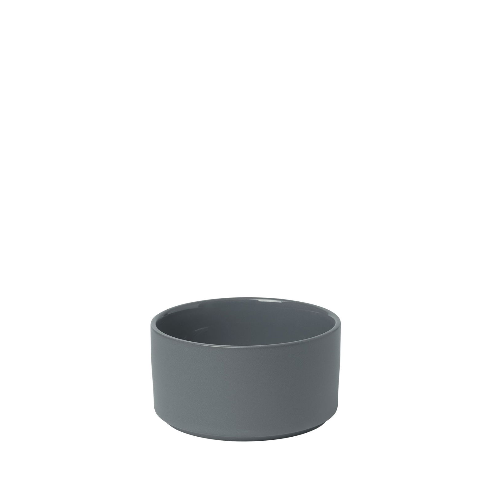 Gray ceramic bowl with a smooth matte finish on a white background.