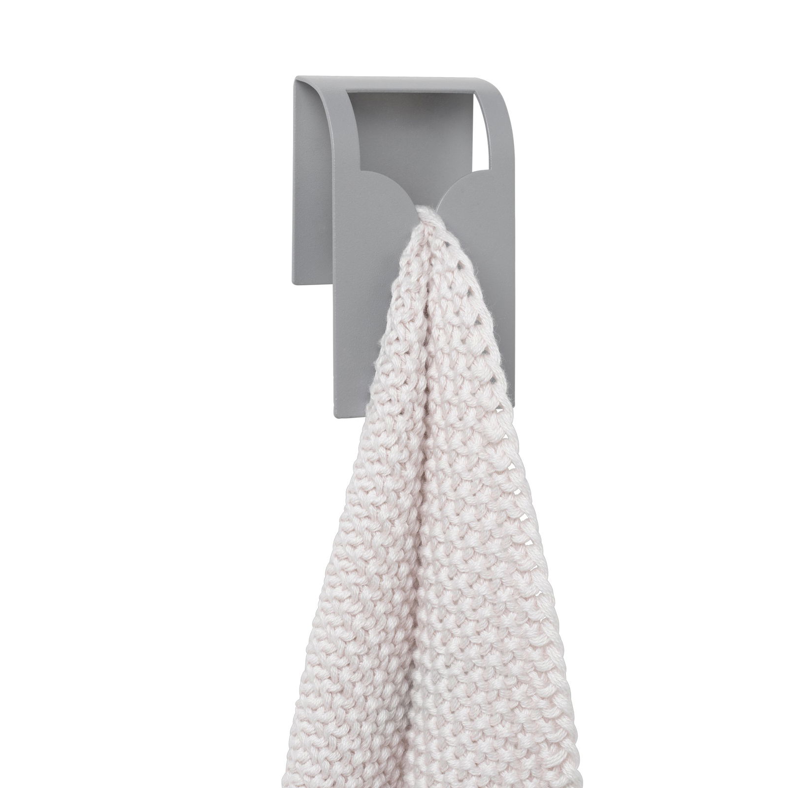 Minimalist gray towel holder with a textured white towel hanging from it.