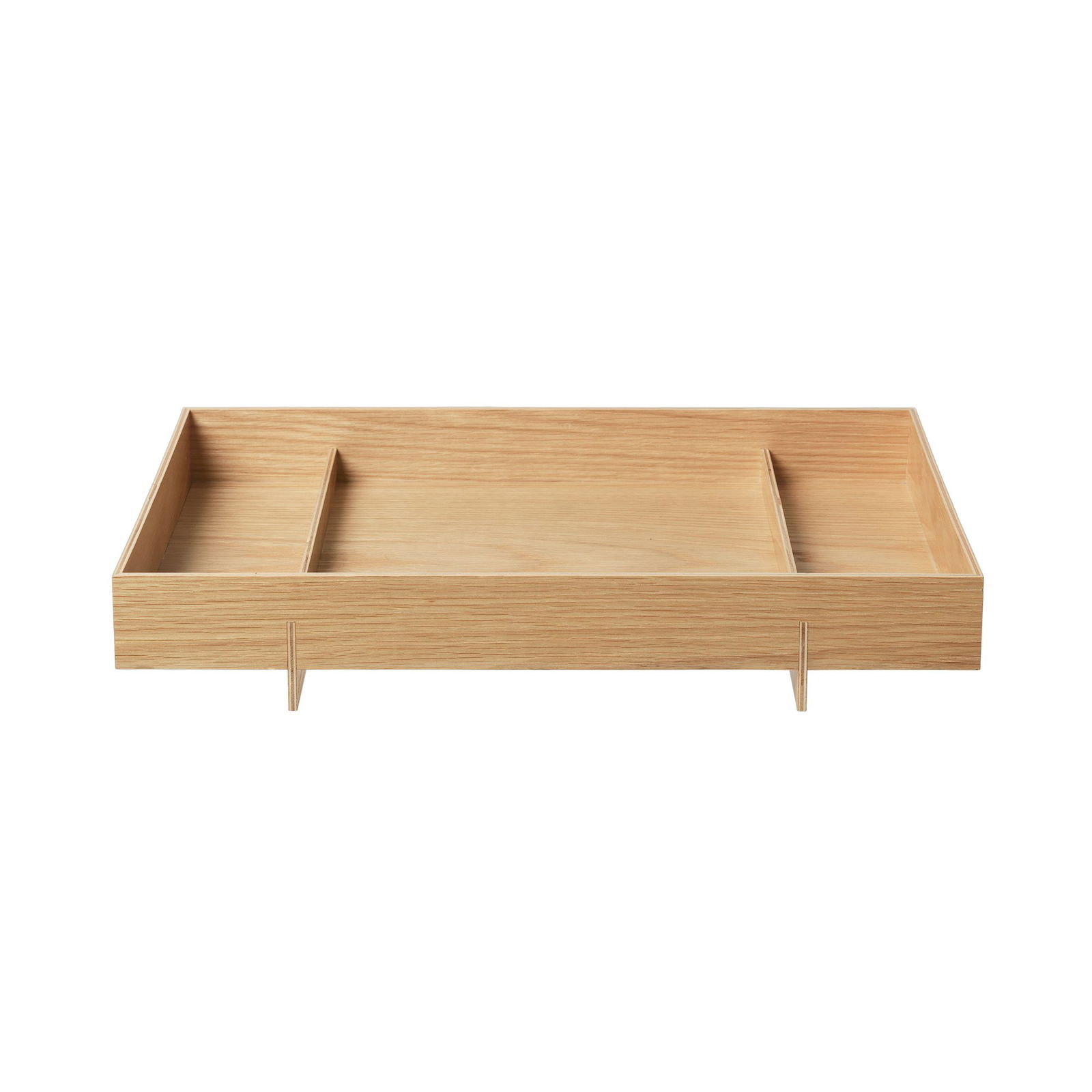 Minimalist wooden tray with three compartments for organizing items elegantly.