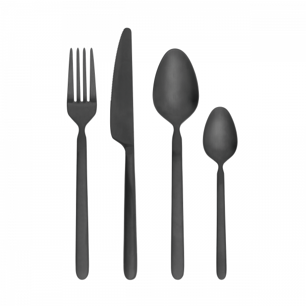 Set of elegant black cutlery including a fork, knife, spoon, and teaspoon on a white background.
